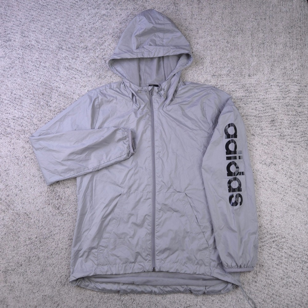 Adidas Windbreaker Womens Medium Jacket Lightweight Linear Gray Full Zip Hoodie